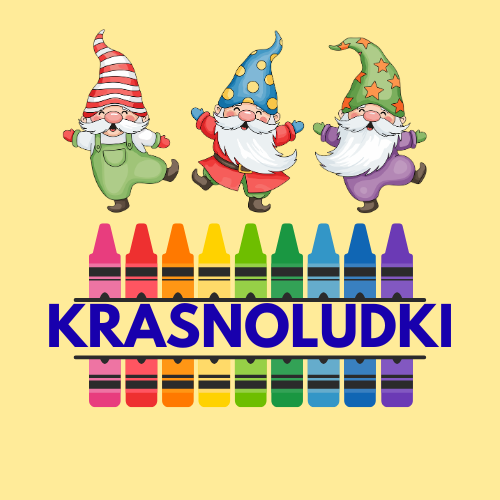 nazwa grupy na tle kredek, u góry postaci krasnoludków