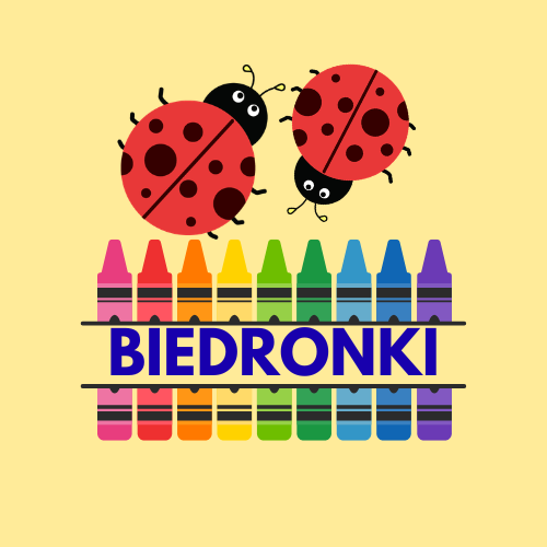 nazwa grupy przedszkolnej na tle kolorowych kredek, u góry symbol grupy biedronki