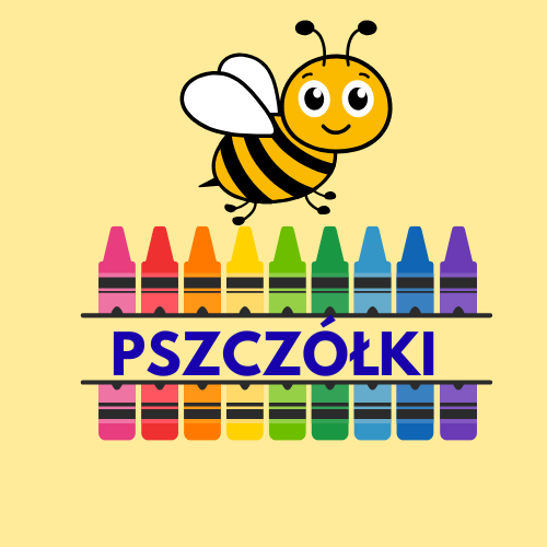 Nazwa grupy na tle kolorowych kredek, u góry symbol pszczółki