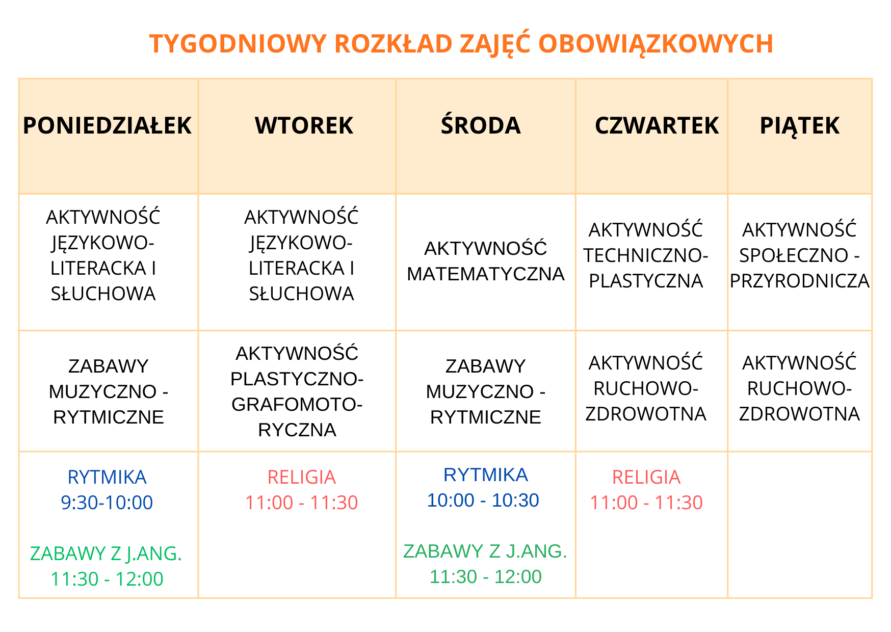 tabelka z rozkładem zajęć obowiązkowych w przedszkolu